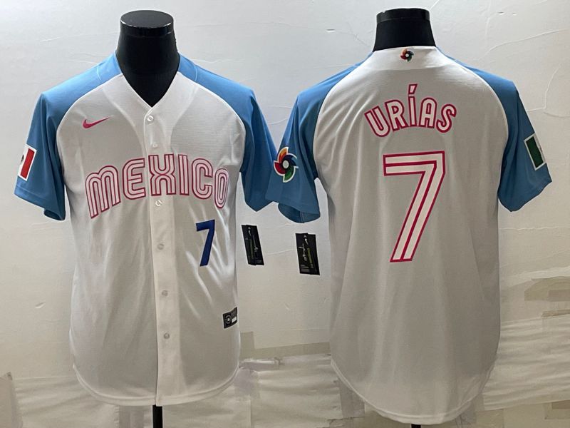 Men 2023 World Cub Mexico 7 Urias White blue Nike MLB Jersey8